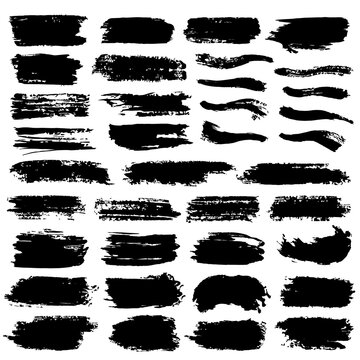 Brush stroke collection. Hand drawn black ink, paint, brushstroke smears set. Grunge design freehand texture elements