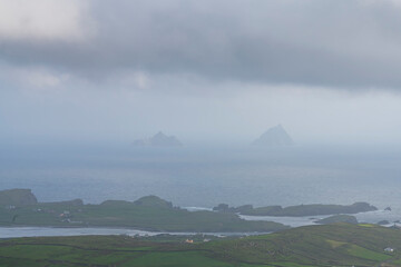 Beautiful aerial view of Beginish Island. Locations worth visiting on the Wild Atlantic Way. Scenic Irish countyside on sunny summer day, County Kerry, Ireland.