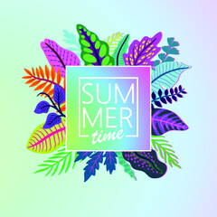 Vector tropical square banners with tropic leaves and plants  on cyan background. Exotic design for cosmetics, for package. Can be used as or summer background. Text Summer time.