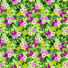 Simple cute pattern in small white and pink flowers on green background. Liberty style. Ditsy print. Floral seamless background. The elegant the template for fashion prints.