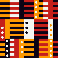 Geometric seamless pattern. Bauhaus style background. Modular grid print. Stripe, line, circle, rectangle, ornament