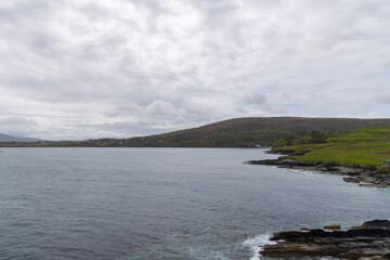Beautiful aerial view of Valentia Island. Scenic Irish countyside on a dull spring day, County Kerry, Ireland.