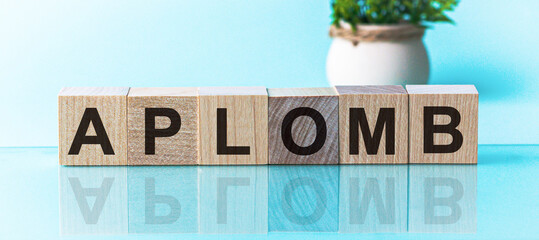 APLOMB word made with building blocks, blu background