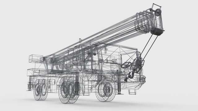 Mesh mobile crane. Three-dimensional illustration. 3d rendering.