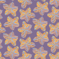 Textured starfish seamless vector pattern on purple. Decorative marine surface print design. For fabric, stationery, and packaging.