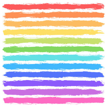Brush stroke left a imprint with paint texture. Red, orange, yellow, green, teal, turquoise, blue, violet, purple, pink colors. Brushstroke is a vector element for artistic design projects.