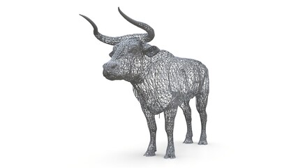 Three-dimensional mesh model of a bull. The static figure of a calm animal. A sculpture of a bull of the polygonal frame. 3d illustration.
