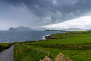 Beautiful aerial view of Valentia Island. Scenic Irish countyside on a dull spring day, County Kerry, Ireland.