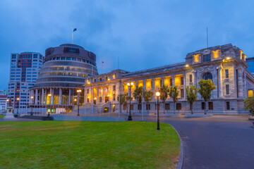 Sunset view of New Zealand Parliament Buildings in Wellington