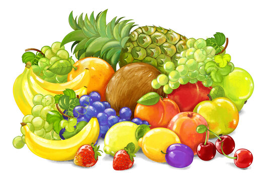 cartoon fruit scene with many different fruit as a meal set on white background - illustration