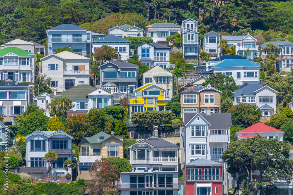 Sticker traditional residential houses at mount victoria in wellington, new zealand