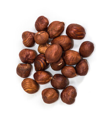 Portion of hazelnuts on a white background