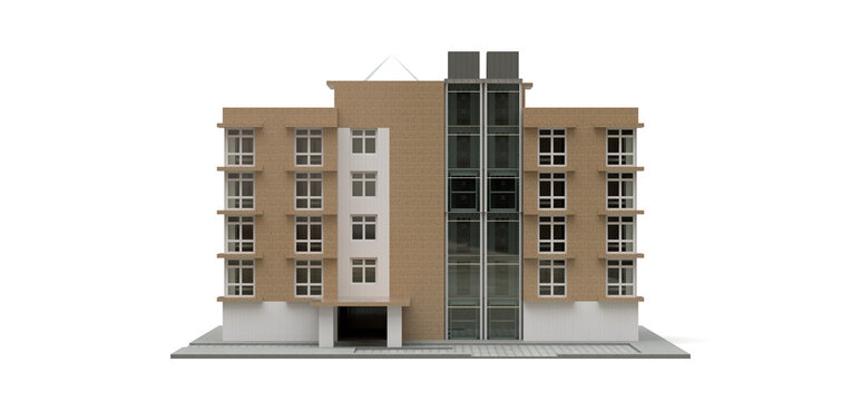 Small white and beige condominium with elevator and garage. 3d rendering.