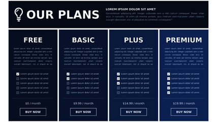 Table of products versions and price list illustration template.