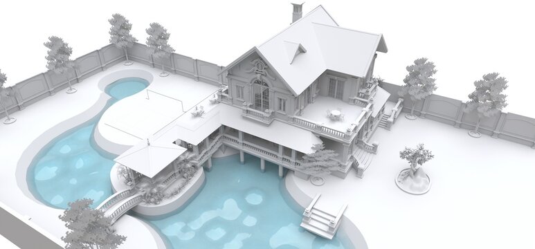 Large Asian-style villa with garden, pool and tennis court. The building and the territory with soft scattered shadows. 3d illustration.
