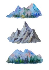 Watercolor mountain, trees, tent, birds clip art. Isolated on white background drawing for textile prints, child poster, cute stationery, travel design. Hand painted.