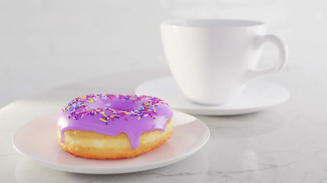 Cup of Americano coffee and doughnut are on table. Airy, gentle, golden, fresh doughnut on saucer with coloured sprinkling and pink confectionery glaze. Fresh pastries, beautiful serving. 3d render.
