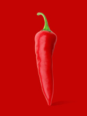 Fresh red hot chili peppers isolated on red background 