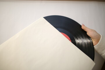 vinyl record. Black vinyl record in the package. Top view