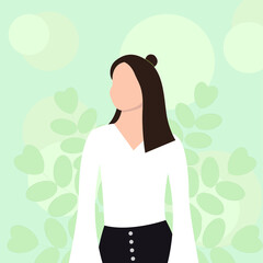 Floral portrait of girl, modern avatar of female for social media. Anonymous woman character with leaves and cute details. Flat illustration.