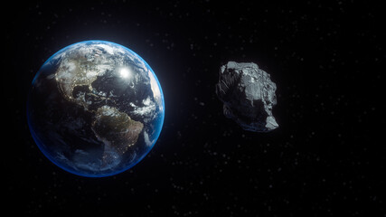 Obraz na płótnie Canvas Asteroid flies near the earth orbit. Planetoids in the inner Solar System.