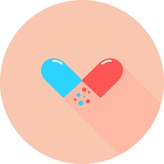 Medical pill in circle icon with long shadows. Medicine, pharmacy, hospital of drugs. Medication, pharmaceutics concept. Vector illustration. Drugs flat icon: pill, capsule. Healthcare medicine icon.