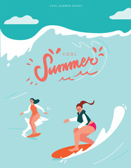 Two women in the swimwear surfing in sea or ocean. Summer poster with people in beachwear or rash guard with surfboards. Colorful flat character vector illustration.