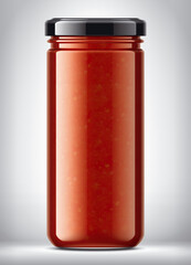 Glass Jar on Background with Tomato Sauce