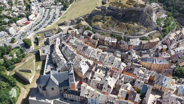 Panoramic view from the drone on the city Briancon. France