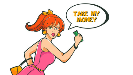 A woman runs holding money in front of her. Active buyer.