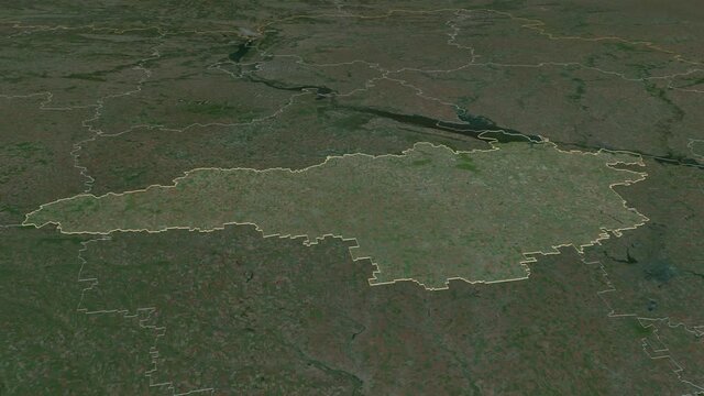 Kirovohrad, region with its capital, zoomed and extruded on the satellite map of Ukraine in the conformal Stereographic projection. Animation 3D