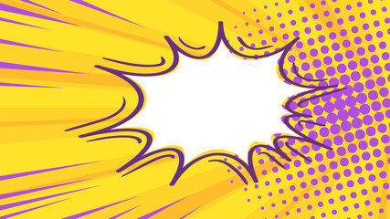 Pop art retro comic speech bubble on colorful dotted and rays backgrounds. Comics page, advertisement frame, poster. 