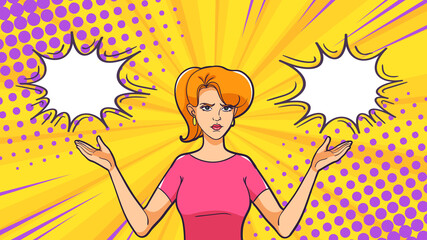 A woman spread her arms to the sides on a pop art bright background. Unwitting facial expression. A woman is not happy with the result.