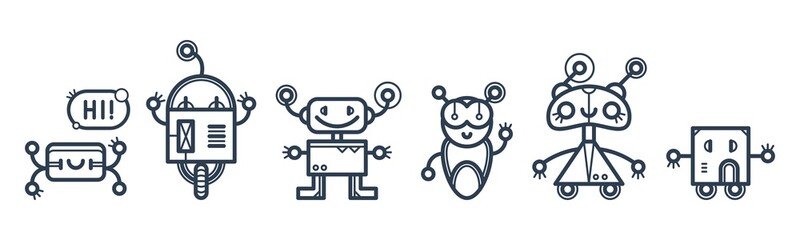 Set of cute vector robots in flat cartoon style. Vector isolated bots in a white background