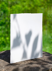 Blank portrait magazine standing on a stump stage and green blurred background behind.