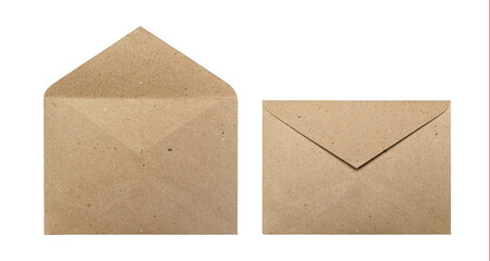 Opened and closed brown craft envelopes isolated on a white background