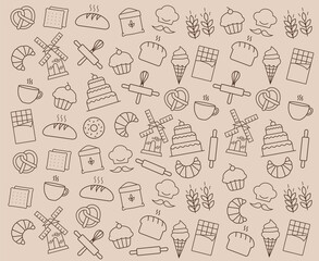Bakery shop elements, isolated icons, sweet shop, pattern set, vector outline icon collection