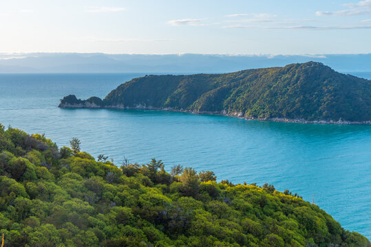 Aerial view of Adele island at Abel Tasman national park in New Zealand