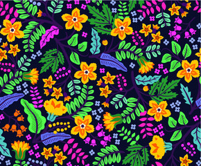 Trendy seamless vector floral pattern. Endless print made of small yellow flowers, leaves and berries. Summer and spring motifs. Dark blue background.Vector illustration.