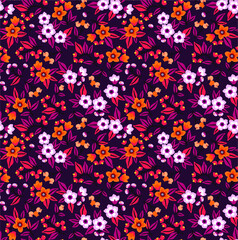 Floral pattern. Pretty flowers on dark violet background. Printing with small white and orange flowers. Ditsy print. Seamless vector texture. Spring bouquet.