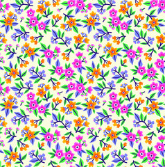 Simple cute pattern in small pink and yellow flowers on white background. Liberty style. Ditsy print. Floral seamless background. The elegant the template for fashion prints.