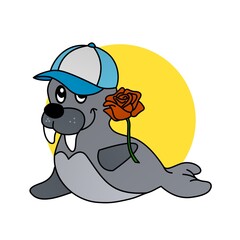 Illustration of Seals Wear Hat and Carry Roses Cartoon, Cute Funny Character, Flat Design
