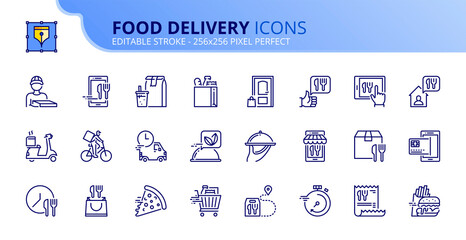 Simple set of outline icons about food delivery.
