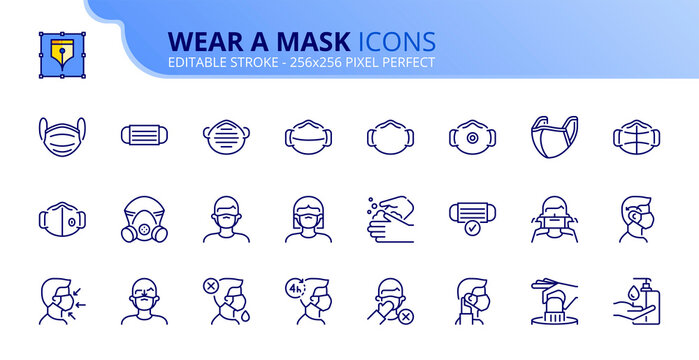 Simple set of outline icons about wear a mask. COVID-19 prevention