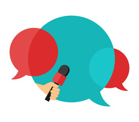 Media interview icon or press conference - microphone in hand and dialog bubbles with place for text -  isolated template for breaking news headline, banner or poster - obrazy, fototapety, plakaty