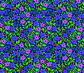 Seamless floral pattern for design. Small multicolored flowers. Dark blue background. Modern floral texture. A allover floral design in bright colors. The elegant the template for fashion prints.