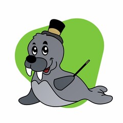 Illustration of Seals Carry Wands and Wear Hat Cartoon, Cute Funny Character, Flat Design