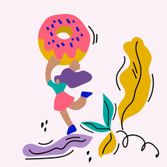 A hand-drawn concept illustration of a woman holding a giant doughnut with icing. In a circle of leaves and trees. Poster bakery illustration with food.