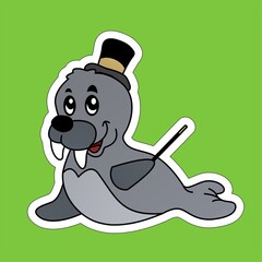 Sticker of Seals Carry Wands and Wear Hat Cartoon, Cute Funny Character, Flat Design