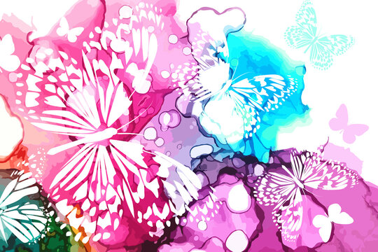 White butterflies on a watercolor multicolored background. Vector illustration